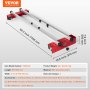 Traîneau de toupie VEVOR avec rails de guidage en aluminium et dimensions mises en évidence. comprend la liste des accessoires.