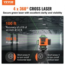 VEVOR Niveau Laser 30 m Niveau Laser 360° x 4 16 Lignes Croisées Verte Mode Autonivelant Manuel Longueur d'Onde Laser 520 nm ± 10 nm Précision de 0,28 cm à 10 m 5 h de Travail en Continu avec Batterie