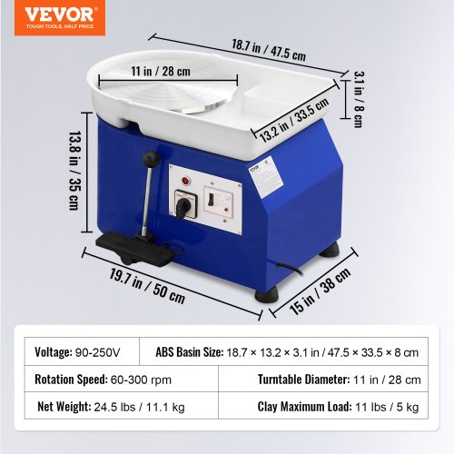 Tour De Potier électrique VEVOR 350W - Plateau 28 Cm, Vitesse Réglable 60-300 Tr/min, Capacité 5 Kg