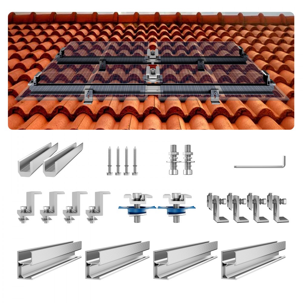 VEVOR Support de Fixation de Panneaux Solaires 4 Rails et 6 Pinces pour Toits