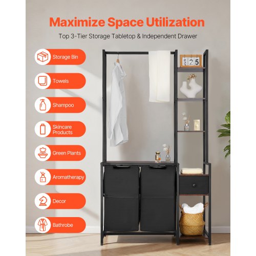 VEVOR Trieur De Linge 2 Compartiments, Panier à Linge Avec Étagères