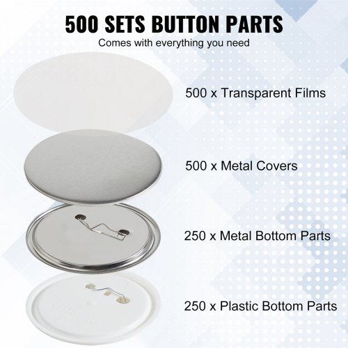 VEVOR Badge Personnalisé 58 mm 500 Kits de Consommables Badges à Épingles Fournitures pour la Fabrication de Badge Rond avec Couvercle Fond Plastique Métallique Papier Film Machine à Badges Bricolage