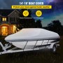 Housse de bateau imperméable VEVOR protégeant un bateau sous la pluie avec des icônes de protection UV.