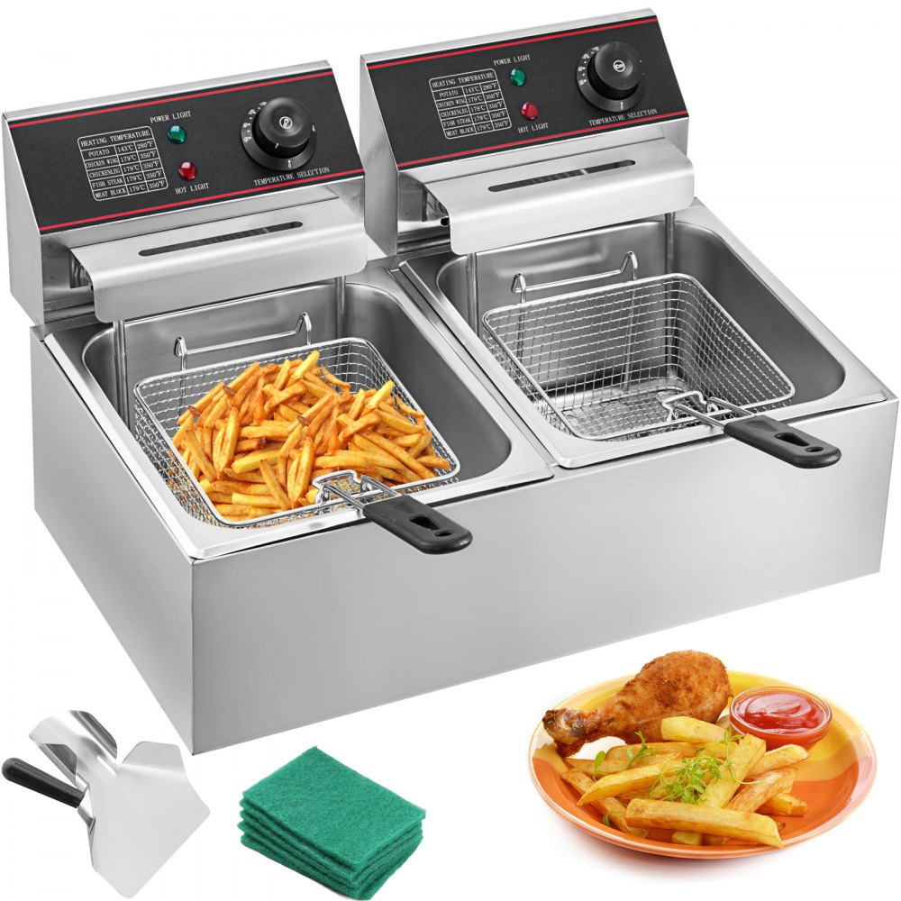 VEVOR Friteuse 12L Electrique Inox, Friteuse Commerciale en Acier Inoxydable, à Double Réservoir 5000W Friteuse avec 2Paniers à Friture avec Poignée en Caoutchouc pour Frire des Aliments Cuisiner