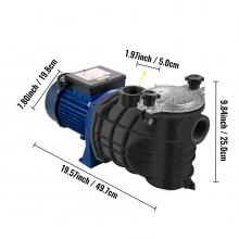 VEVOR Pompe Piscine Filtration 15000 L/h Pompe Circulation Eau Panier Filtre Amovible 1 HP Pompe Plastique Métal 750W 3450 tr/min 50 ℃ 2 Tuyaux Montage pour Piscines Spas Sources thermales HCP750