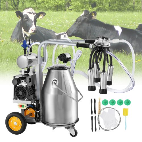 VEVOR Machine à traire électrique pour vaches, seau inox 304 25 L, trayeuse sous vide à pulsation auto, trayeuse portable avec gobelets et tubes en silicone de qualité alimentaire, pression réglable