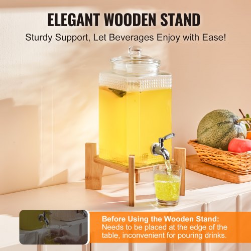 Distributeur De Boissons En Verre 5L Avec Robinet - Support En Bambou, Acier Inox, Pour Cocktails, Jus, Eau