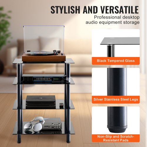FITUEYES euble HiFi Noir avec 4 Etagères en Verre Trepé - Support FITUEYES euble HiFi Noir avec 4 Etagères en Verre Trepé - Support