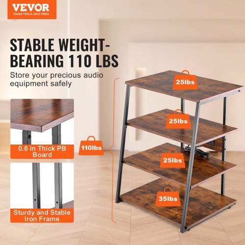 Meuble Hi-Fi 4 Étagères Pour Platine Vinyle & Équipement Audio - Bois Et Acier - 45x77x28 Cm - Rangement Salon