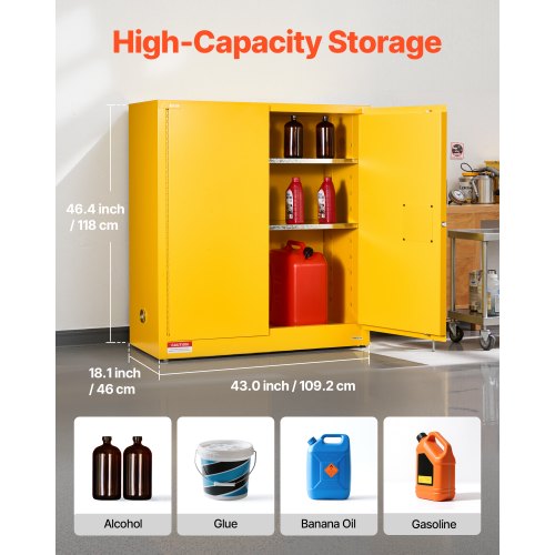 VEVOR Armoire de Scurit pour Produits Inflammables de 110 L 109,2 x 46 x  118 cm, Armoire Coupe-Feu pour Liquides Inflammables, en Acier Lamin   Froid et Galvanis, avec tagre Rglable, Jaune | VEVOR FR