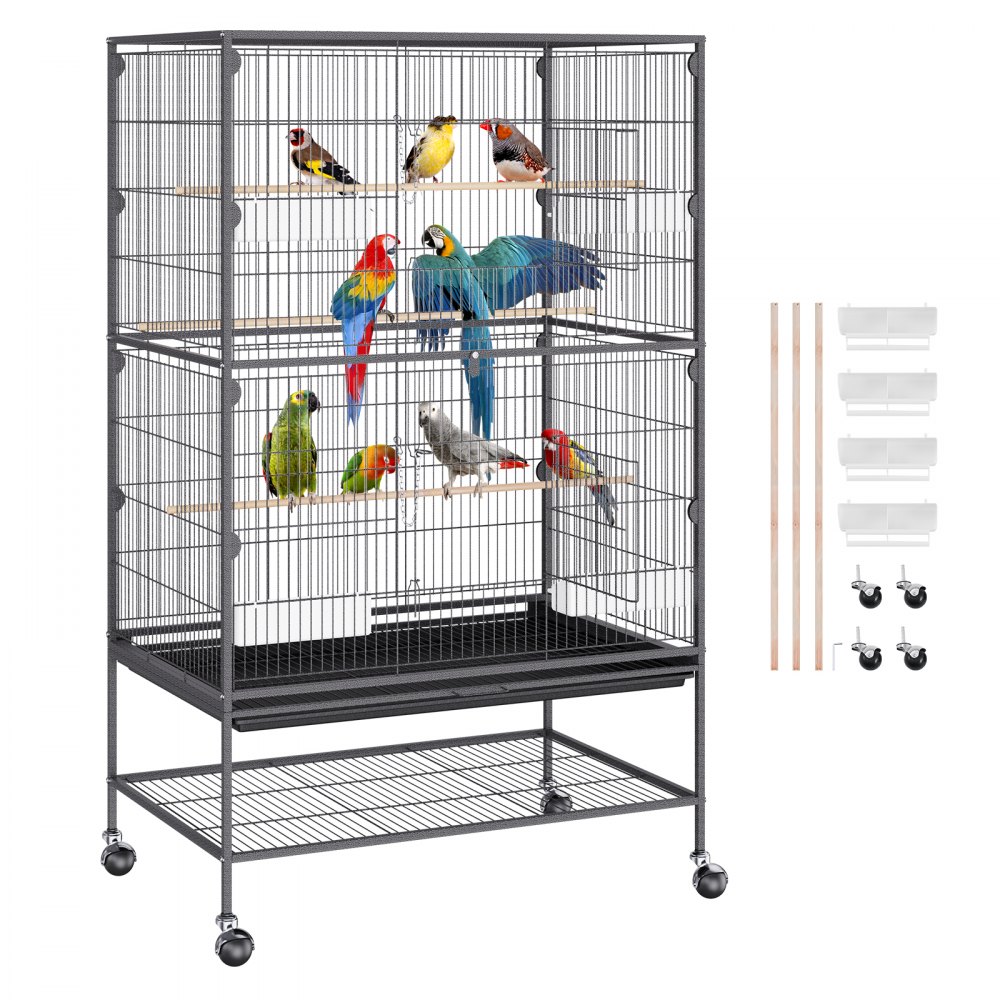Double cage à oiseaux sur roulettes - étagère, plateau déjection, 4