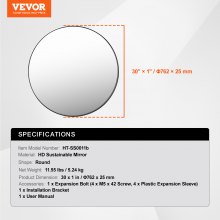 VEVOR Miroir Mural Rond Diamètre 76,2 cm avec Contours en Alliage d'Aluminium