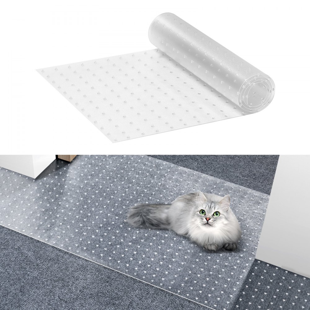 Protecteur de tapis VEVOR pour animaux de compagnie avec un chat allongé sur un rouleau de tapis transparent à pois.