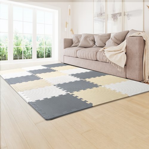 Tapis Puzzle Mousse EVA 10mm - 16 Pièces - 1.5m² - Couleur Camel/gris - Pour Salle De Jeu, Protection Sol