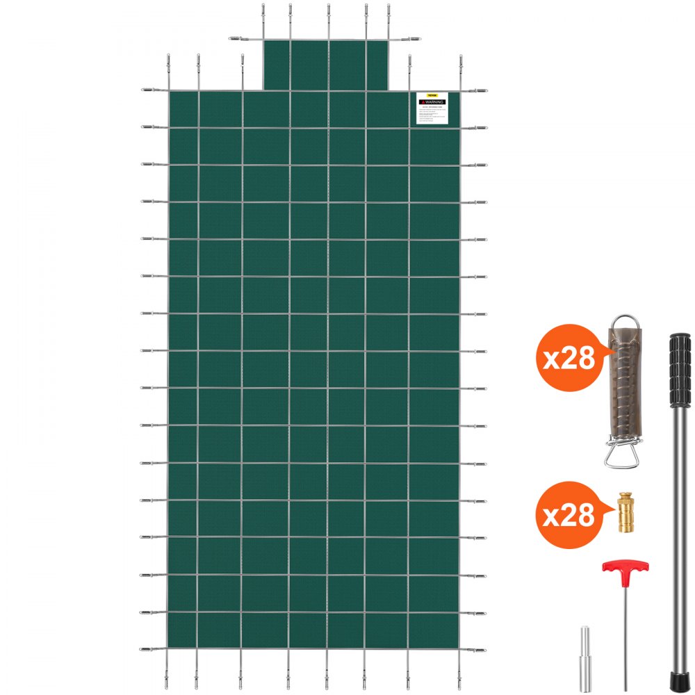 Couverture de sécurité pour piscine VEVOR avec motif quadrillé vert et outils d'installation.