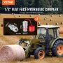 tracteur déplaçant une balle de foin dans un champ avec superposition de coupleurs rapides hydrauliques VEVOR et spécifications du produit.