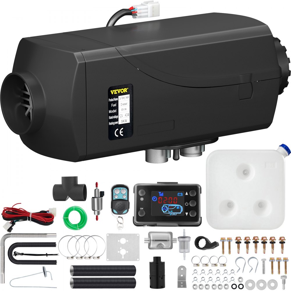 Chauffage diesel VEVOR 5kw avec panneau de commande, accessoires et kit d'installation.