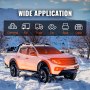 camion orange dans un paysage enneigé avec texte affichant une large application pour le réchauffeur d'air diesel VEVOR.