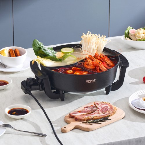 Fondue Mongole Shabu Shabu Séparateur – Marmite Électrique Inox 28 Cm Double Saveur Avec Couvercle En Verre Trempé