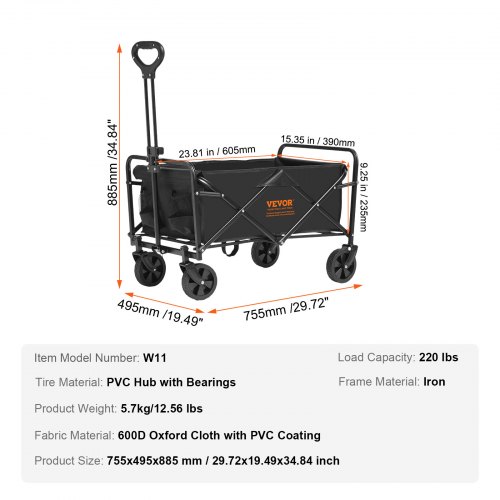 TIMBER RIDGE Chariot Camping Pliable 200L - Chariot Jardin Avec Poignée Réglable Et Roues 360° - Charge Max 100kg