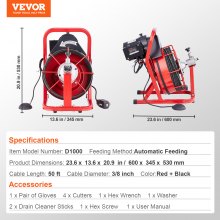 VEVOR Déboucheur Électrique Canalisation Tuyau Alimentation Auto 12 m x 0,95 cm