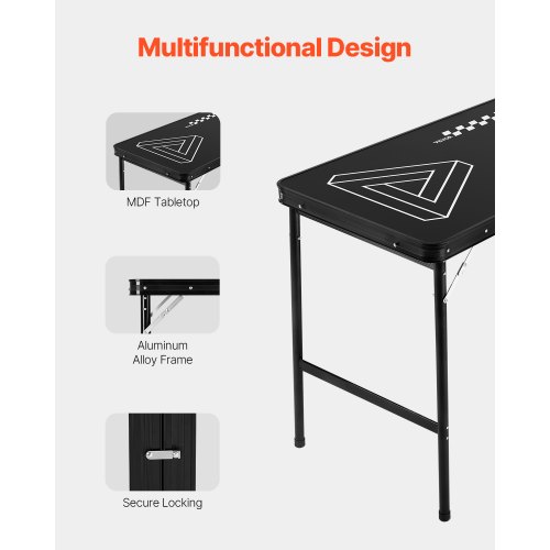 Table de beer-pong portable de 2,4 m, pliable, avec trous pour gobelets, marqueurs effaçables à sec et poignées de transport, hauteur réglable