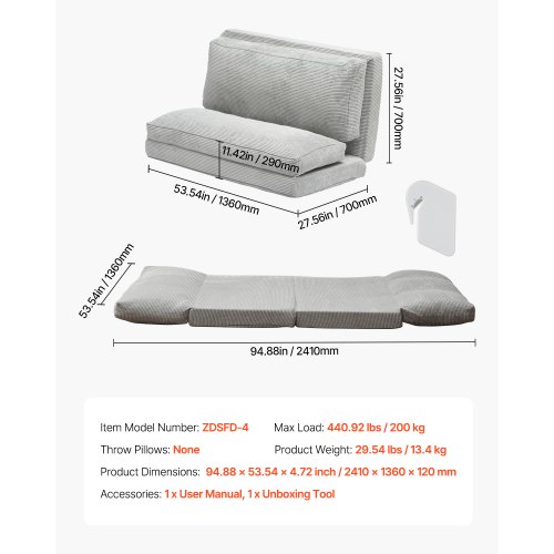 Hellove Canapé-lit Pliable, Fauteuil Convertible 1 Place avec Dossier inclinable et Repose-Pied Rabattable, 72 x 181 cm Chauffeuse Portable et Confortable pour Salon, Chambre à Coucher, Gris
