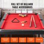 Table de billard VEVOR avec feutre rouge, queues de billard, boules, craie, brosse, support triangulaire et autres accessoires.