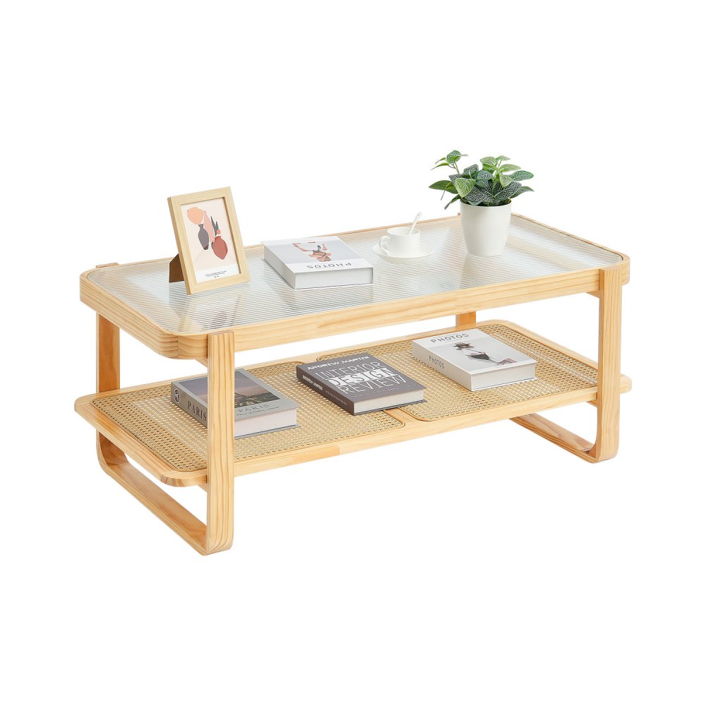 VEVOR Table Basse Rectangulaire en Rotin à 2 Niveaux 115 cm Meuble pour Salon