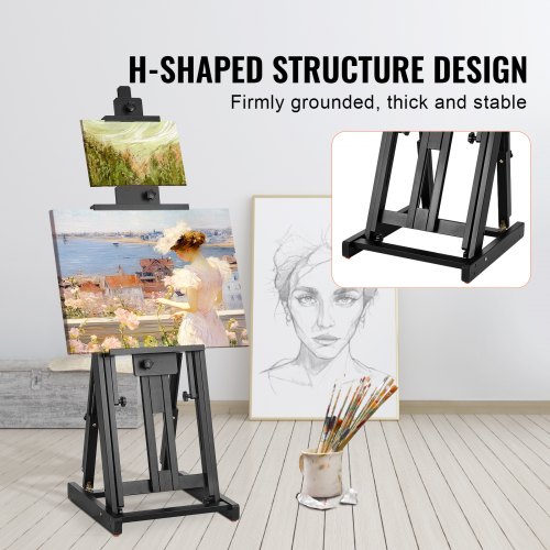 Chevalet d’Atelier à Cadre en H, Support pour Toiles jusqu'à 92 cm, Présentoir Peinture Réglable en Hêtre, avec Tiroir de Rangement, Capacité de