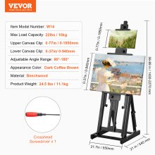 VEVOR Chevalet d’Atelier en H Support pour Toile jusqu'à 195cm en Hêtre Peinture