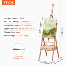 VEVOR Chevalet d’Atelier en H Support pour Toile jusqu'à 92 cm en Hêtre Peinture