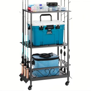 Stockage Moulinets Leurres Support Canne à Pêche PeBro - Rangement Garage Mobile - 14 Cannes + 12 Moulinets - Roulettes Support Rangement