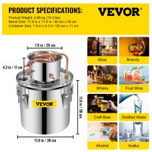 VEVOR Distillateur Alambic 19 L Chaudière à Spiritueux en Inox Alimentaire Distillateur d'Alcool et d'Eau avec Pompe Baril de Condensation Kit de