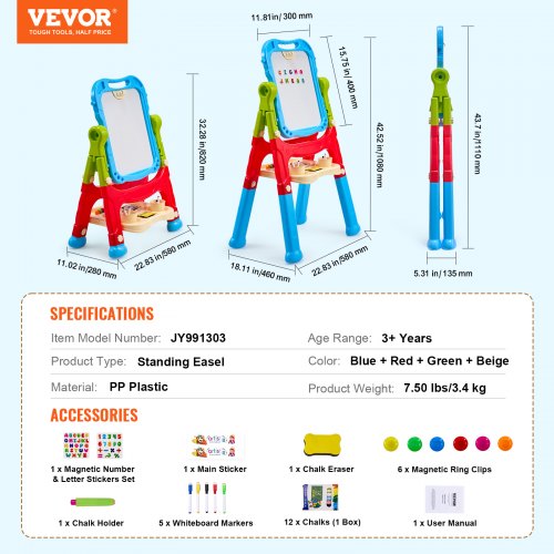 Chevalet 2-en-1 VEVOR – Tableau Blanc/noir Magnétique – Hauteur Réglable – Dès 3 Ans – Rotation 360° – Avec Accessoires