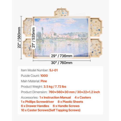 VEVOR Table De Puzzle 1000 Pièces – Plateau Rotatif 360° – 6 Tiroirs – Couverture Anti-poussière – Bois De Pin – Organisateur Pour Adultes Et Enfants