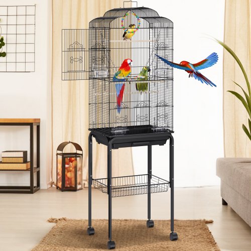 Grande Cage à Oiseaux Avec Tiroir Amovible - 80 X 60 X 167 Cm, 4 Mangeoires Métal, Roulettes - Pour Intérieur/extérieur - 9