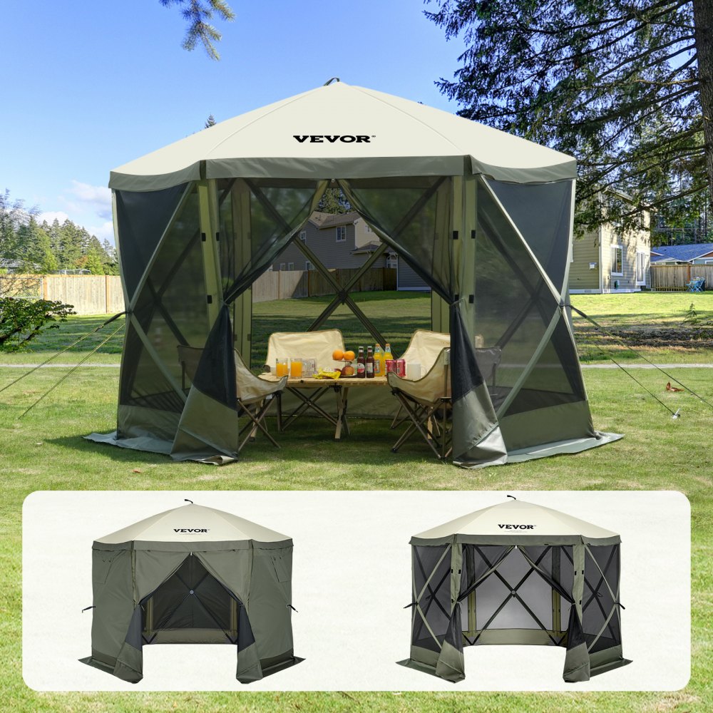 Tente gazebo pop-up VEVOR avec côtés en filet, installée sur une pelouse avec des chaises de pique-nique et des boissons à l'intérieur.