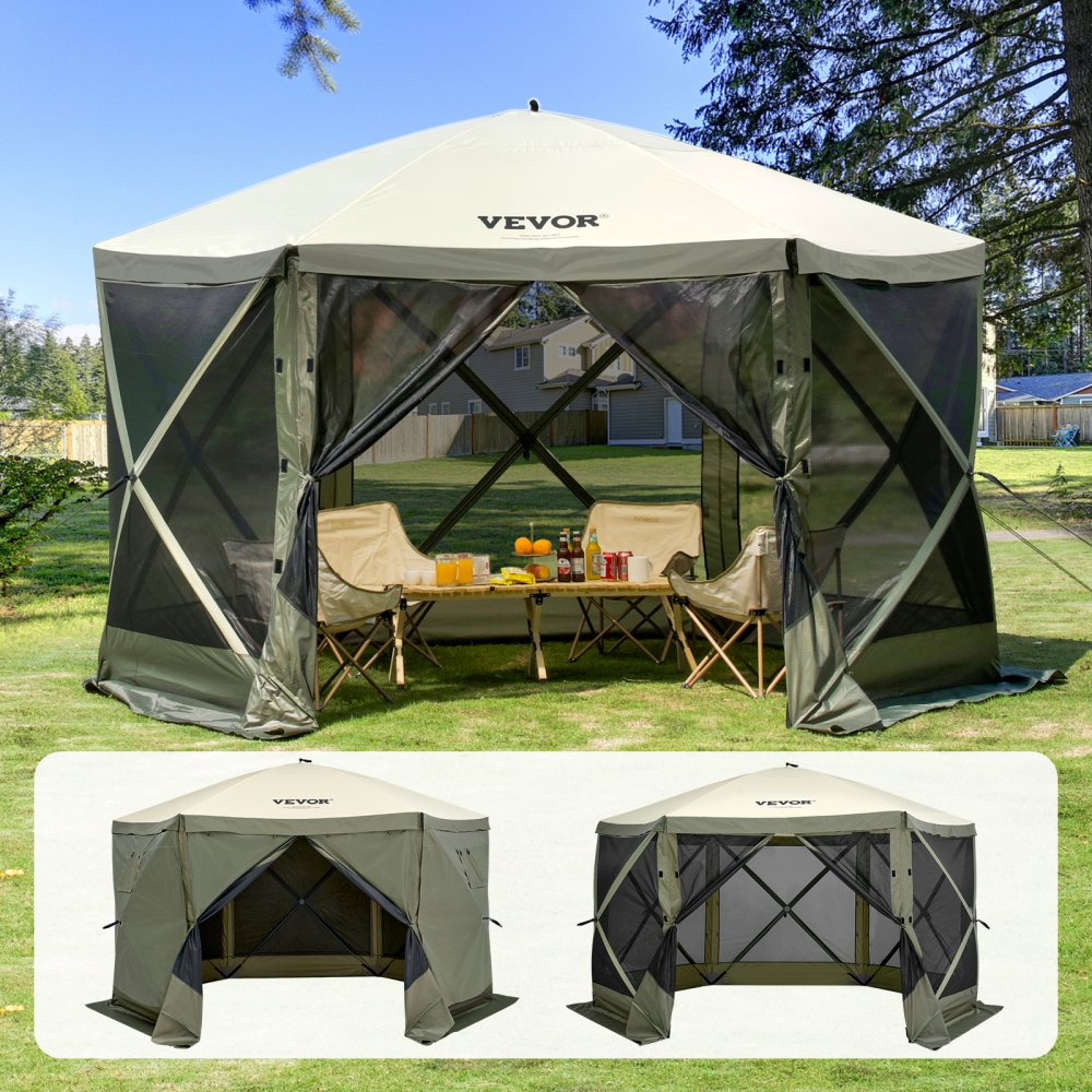 Tente gazebo pop-up VEVOR dans une cour arrière avec des chaises et une table pour manger.