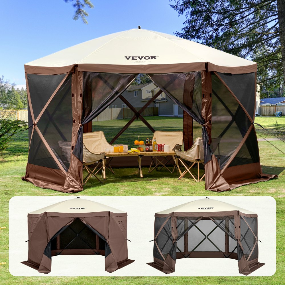 Tente gazebo pop-up VEVOR marron avec parois en maille, toit beige et chaises à l'intérieur sur une pelouse ensoleillée.