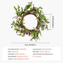 VEVOR Couronne décorative artificielle 55,88 cm rose et vert avec marguerites