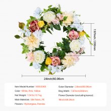 VEVOR Couronne décorative artificielle 60,96 cm blanc rose jaune avec pivoines