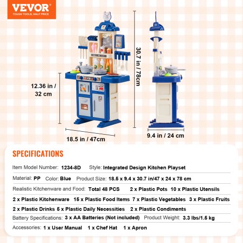VEVOR Cuisine Enfant 48 Pièces – Cuisinière Vapeur, Sons, Lumières, Eau Courante – 47x24x78 Cm – Bleu