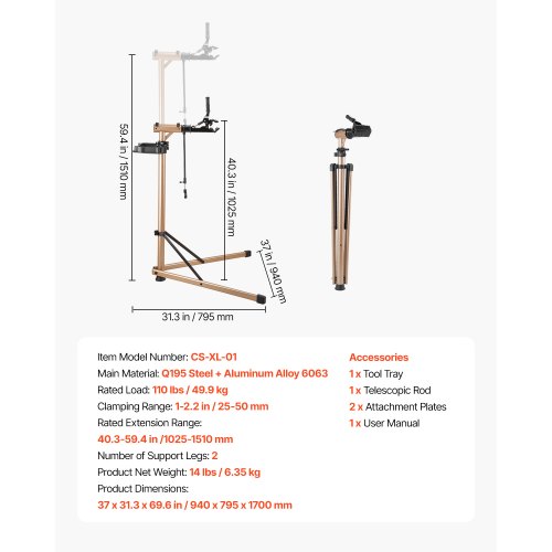 VEVOR Pied D'Atelier Vélo – Hauteur 835-1440 Mm, Charge 29,9 Kg, Pince 360° + Plateau Magnétique