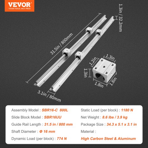 VEVOR Rail de Guidage Linéaire SBR16 800 mm 2PCS Rails Linéaires 800 mm 4PCS Blocs Roulement SBR16UU Kit Glissières à Roulement Linéaire pour Machines Automatisées Routeurs CNC Tours Imprimantes 3D
