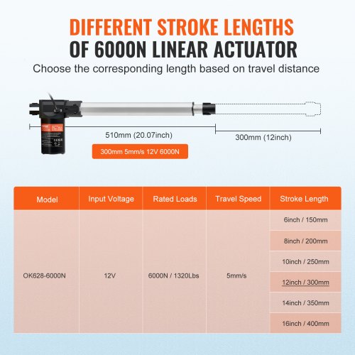 Actionneur Linéaire VEVOR 12V - Course 300 Mm, Charge 1000N (220 Lb), Vitesse 14 Mm/s, Protection IP54 - Neuf Sous Emballage