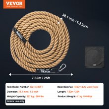 VEVOR Corde d'Escalade de Gym Corde de Jute 38,1 mm x 7,62 m Fitness Domicile