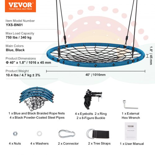 Balançoire à Plateforme 152,4 cm, Balançoire d'Arbre Charge 317 kg, Siège de Balançoire en Oxford 900D, avec 2 Sangles de Suspension et Cordes Multi-Brins Réglables, pour Enfants Extérieur, Bleu | FR