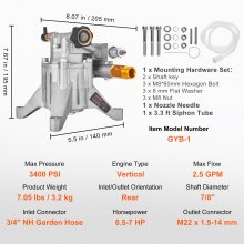 VEVOR Pompe de nettoyeur haute pression verticale 22,225 mm 3400 PSI 2,5 GPM