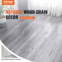 Dalles de sol en vinyle VEVOR au design grain de bois naturel avec plantes et rideaux transparents en arrière-plan.